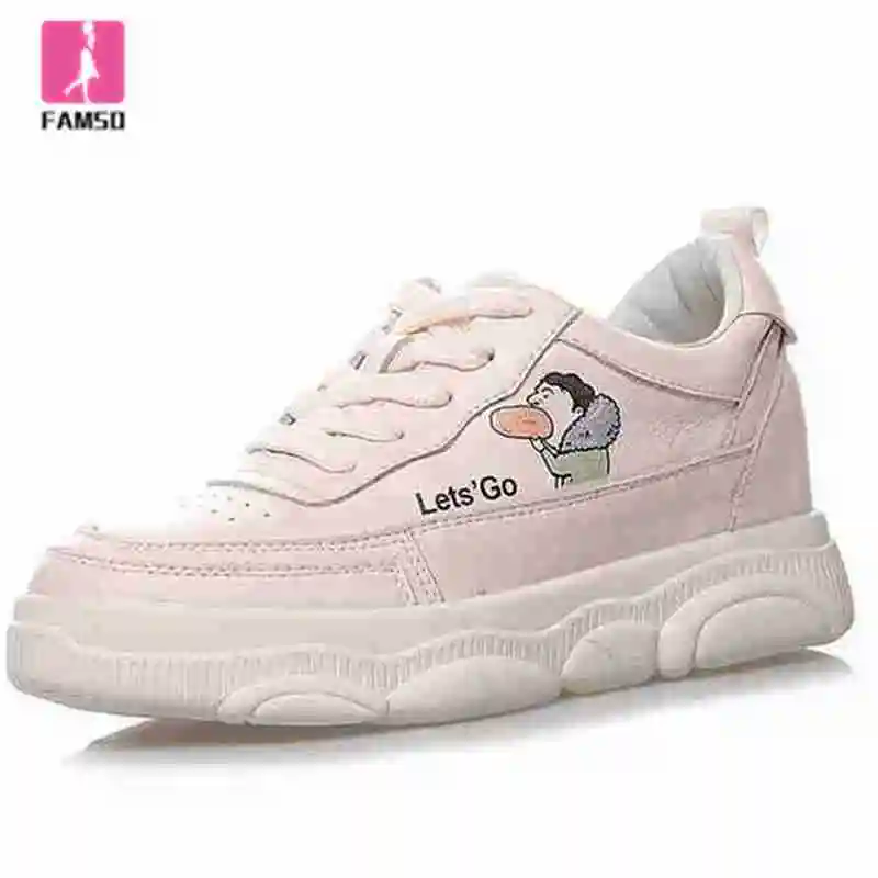 

FAMSO 2019 New Arrival Women Fashion Shoes Sneakers White Print Thick Heels Chunky Sneakers Lace-up Femme soft and breathable
