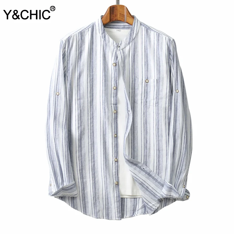 Y &amp CHIC Мужская классическая льняная рубашка с длинными рукавами в синюю и белую