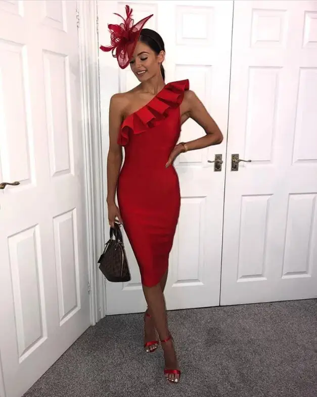 

Wholesale Women Summer Sexy One Shoulder Red Bandage Dress 2018 Knitted Elastic Bodycon Party Dress