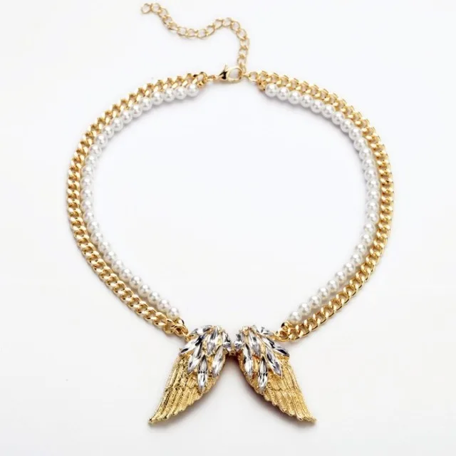 

2014 New Imitation Pearl Rhinestone Wings Women's Gold Chain Sweater Necklace Chunky Choker Bib Statement Necklaces N1505