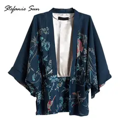 Летние Для женщин японские кимоно блузка Феникс Отпечатано Harajuku рукав «летучая мышь» Свободный кардиган блузка рубашки Новые