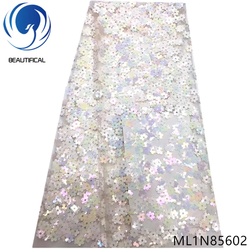 

Beautifical african lace fabrics Latest style nigerian net lace with sequins lace fabric for clothes dress 5yards ML1N856