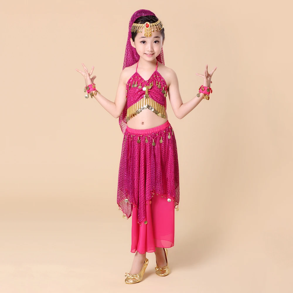 Детский танец живота 4 шт./компл.(топ+ юбка+ браслет+ головной убор) Индийская танцевальная одежда девушки танец живота костюм Болливуд H009