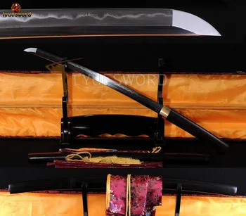

LYUESWORD FULL TANG SHIRASAYA WAKIZASHI DAMASCUS BLADE FOLDED STEEL CLAY TEMPERED SWORD EBONY WOODEN OX HORN SAYA SHARP
