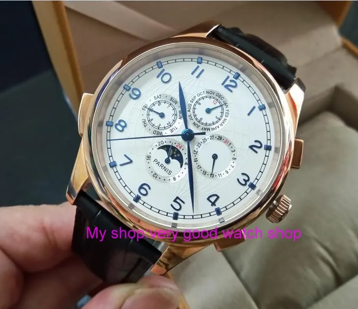 

44MM PARNIS Automatic Self-Wind movement white dial multi-funtion men's watch Mechanical watches pvd Rose gold case 313A