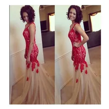 2016 Glamorous Memraid Scoop Bodenlangen Abendkleid Mit Red Appliques Champagne Tüll Abendkleid Benutzerdefinierte Vestido De Noche