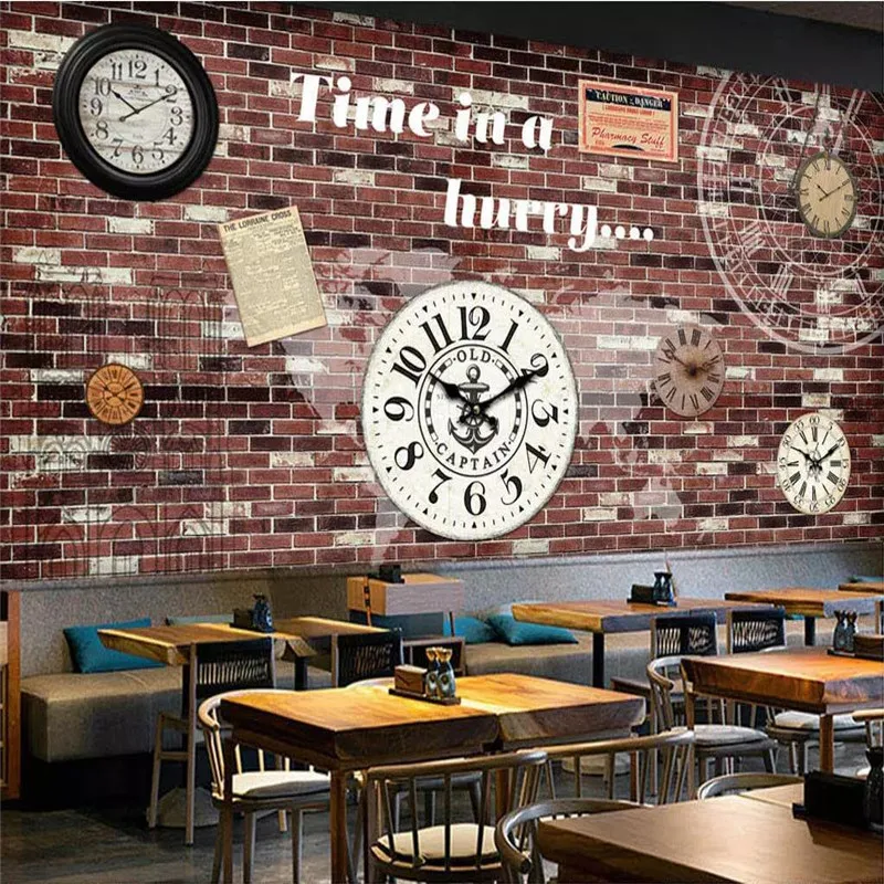 

3d wallpaper brick wall clock bar coffee shop background wallpaper mural high-grade waterproof material