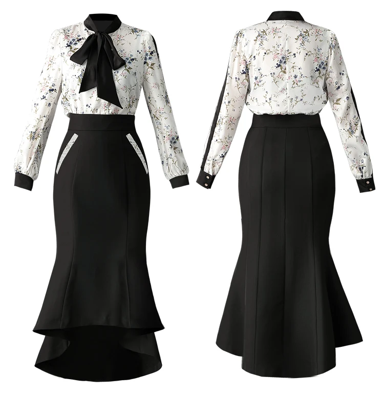 MoaaYina, модный дизайнерский подиумный комплект, летний, женский, длинный рукав, лента, цветочный принт, деловые Топы+ посылка, юбка-карандаш, комплект