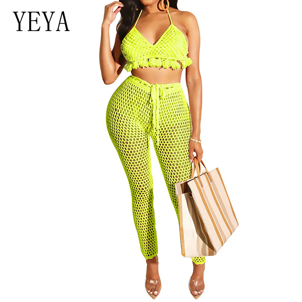 YEYA Summer Two Pieces Sets Tassel Strap Playsuits Elegant Hollow Out Grid See Through Jumpsuits Sexy Open Back Beach Overalls