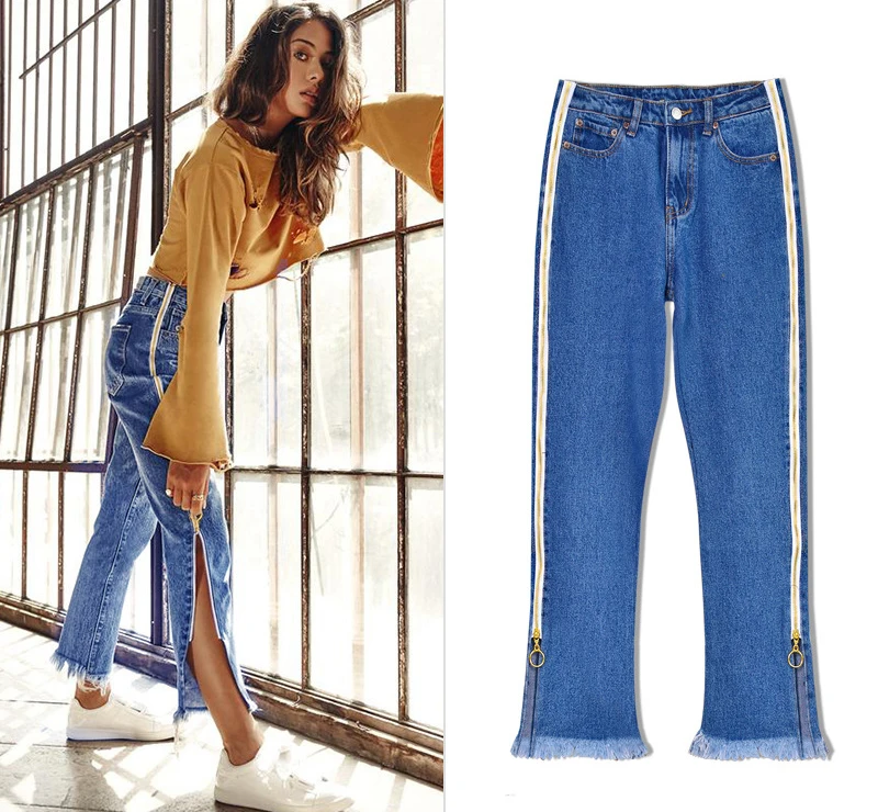 Europe and the United States women's high waist loose straight jeans nine pants bilateral zipper adjustment tassel tassels up to people section (7)