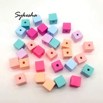 

20-30pcs DIY Jewelry Fittings 15-20mm Wooden Block Candy Colors Geometric Hexahedron with Hole Finding Jewelry