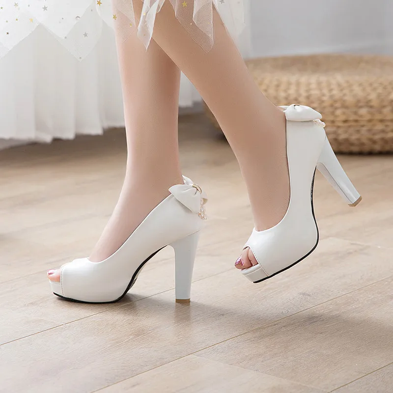 Ymechic Белая Свадебная обувь невесты Женские туфли-лодочки на высоком каблуке открытый носок, без застежки, с бантиком с прямым валиковым швом; женские туфли на высоком каблуке размера плюс