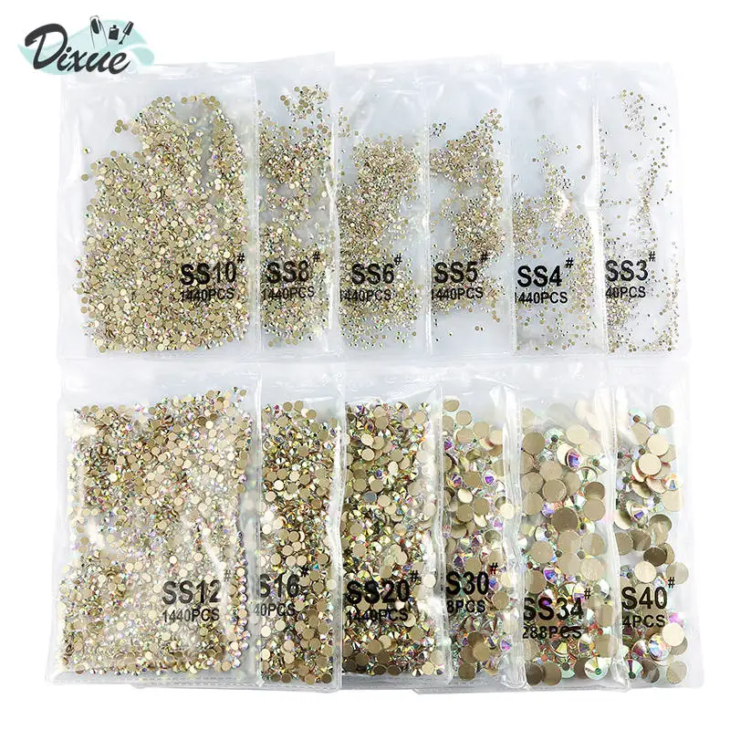  SS3-SS40 Gold AB Crystals gems stones rhinestones non hotfix gold flat back for nail art Nail stick