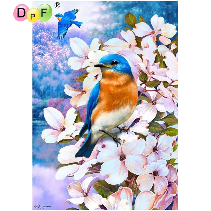 

DPF 5D full Round Diamond Painting white flowers blue birds Magic Cube Cross Stitch crafts Diamond Embroidery Mosaic Home Decor