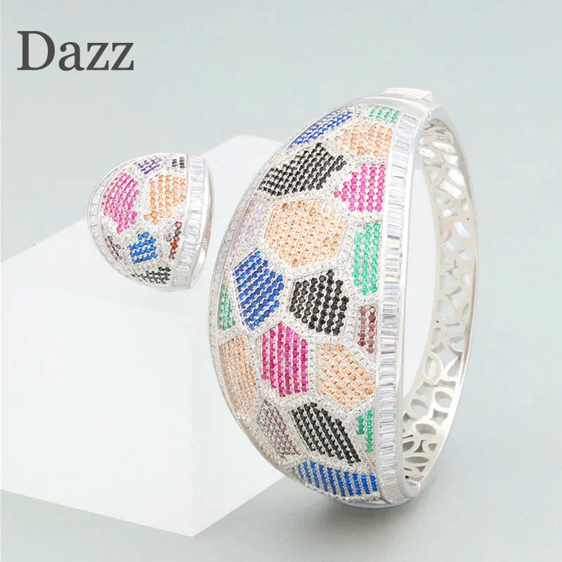 

Dazz Luxury Big Ring Bangle Jewelry Set Geometric Patterns Colorful Cubic Zircon Wedding Women's Bridal Arabian Accessories 2019