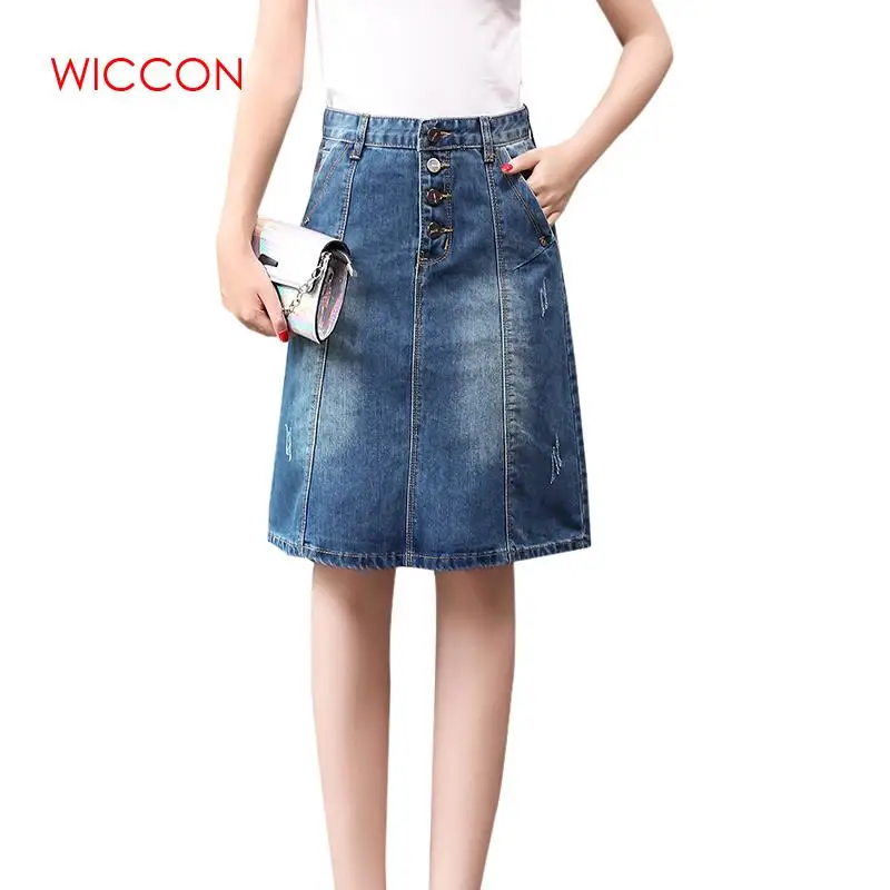 

2019 High Quality Summer Denim Skirts Womens High Waist Plus Size Button Pockets Jeans Skirt Casual A-line Midi Skirt faldas