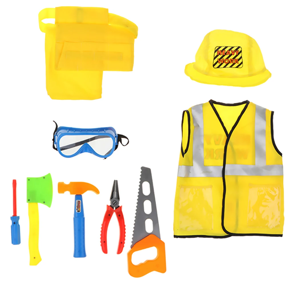 Kid Construction Worker Role Play Costume Tools Kits Fancy Dress 9 Pieces