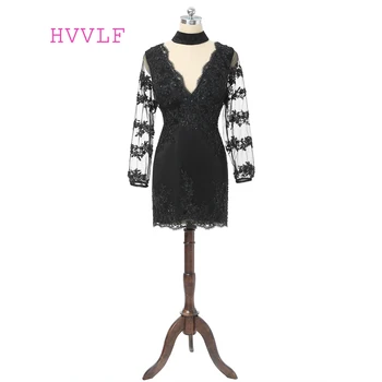 

Black 2019 Elegant Cocktail Dresses Sheath Deep V-neck Long Sleeves Short Mini Appliques Lace Beaded Party Homecoming Dresses