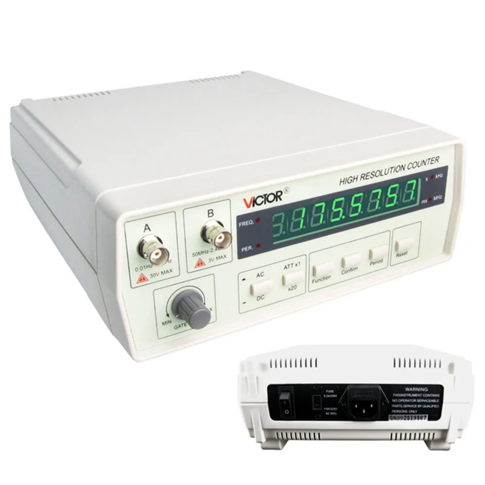 

Frequency counter 8-digit LED Display 0.01 Hz-2.4 GHz Wide Range 3 Step Function Selections 2 Input Channels AC/DC coupling