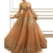 Роскошные платья знаменитостей цвета шампанского с блестками вечерние платья трапециевидной формы с длинным рукавом и высоким воротом вечерние платья