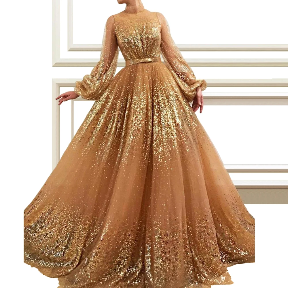 

2019 Luxury Champagne Sequin Celebrity Dresses Long Sleeve High Neck Evening Runaway Red Carpet Gowns A-line Prom Party Dress