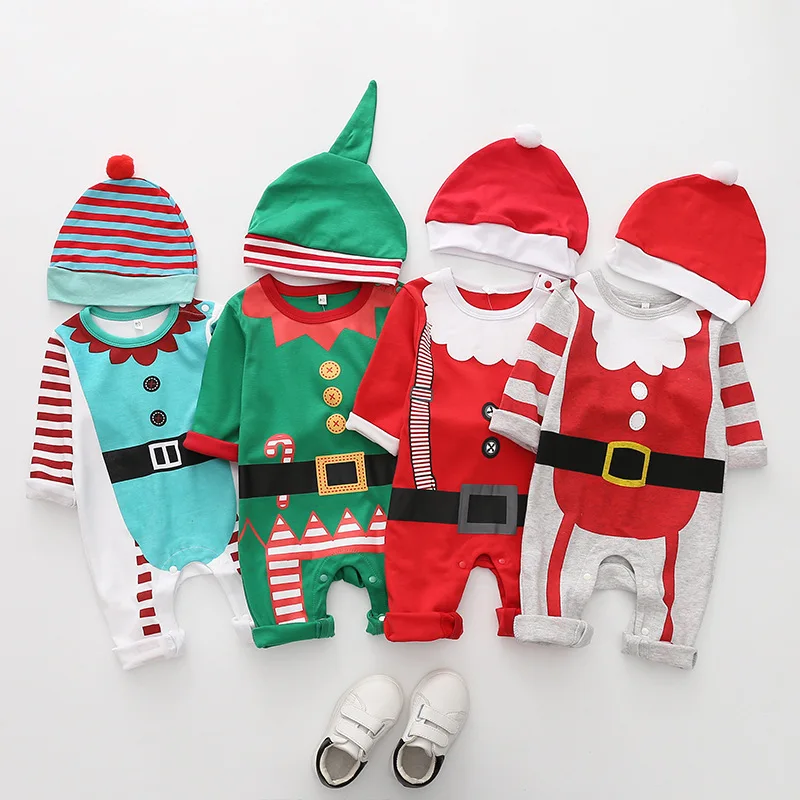 Новый Рождество Одежда Детские комбенизоны для мальчиков и девочек детский комбинезон шляпа кепки Комплект Санта Клаус Детский костюм
