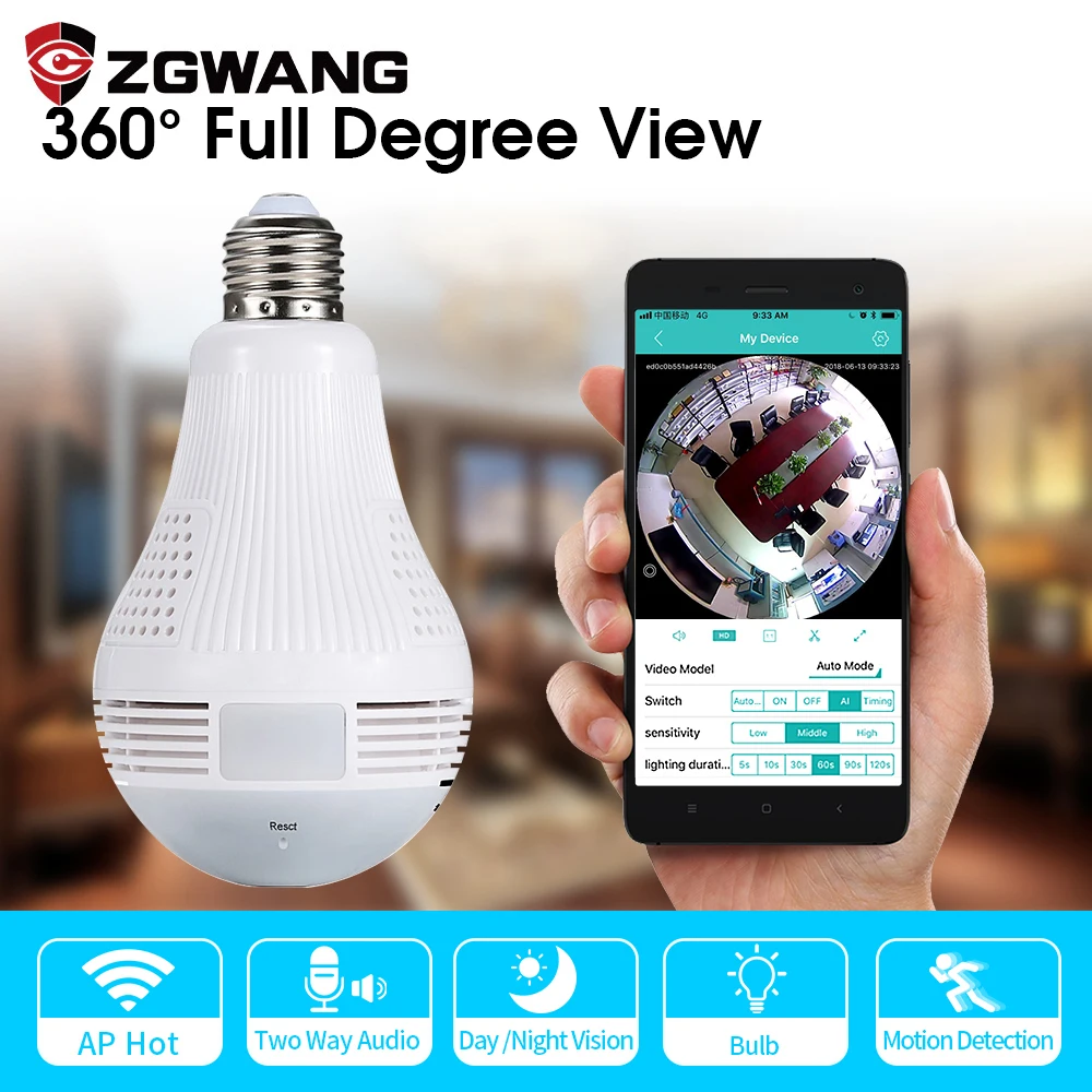 Bulb Light Wireless IP Camera Wifi FishEye 960P 360 degree Full View Mini CCTV Camera 1.3MP Home Security WiFi Camera Panoramic