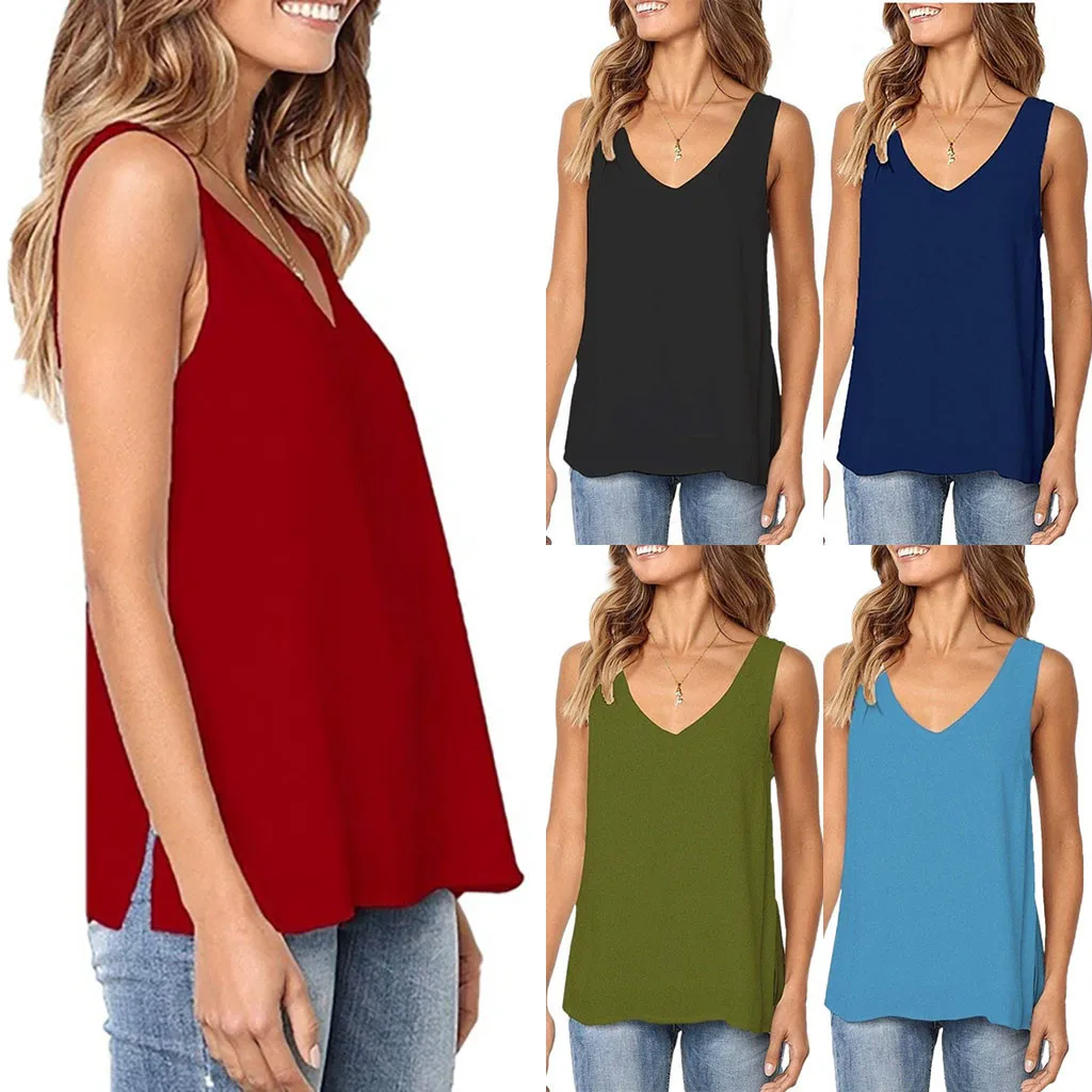 

New Women Tank Tops 2019 Summer Sleeveless tops tee Solid Color v-Neck Tank Female Army Green Tank Ladies Tops Tee 5 Color