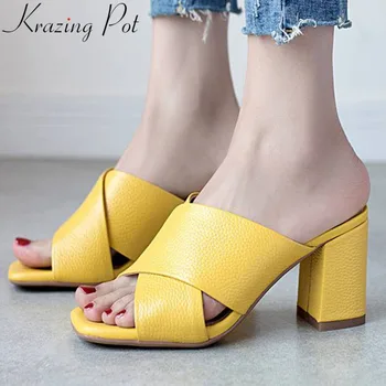 

Krazing Pot brand genuine leather covered slip on peep toe high heels summer shoes concise mules slingback women sandals L10