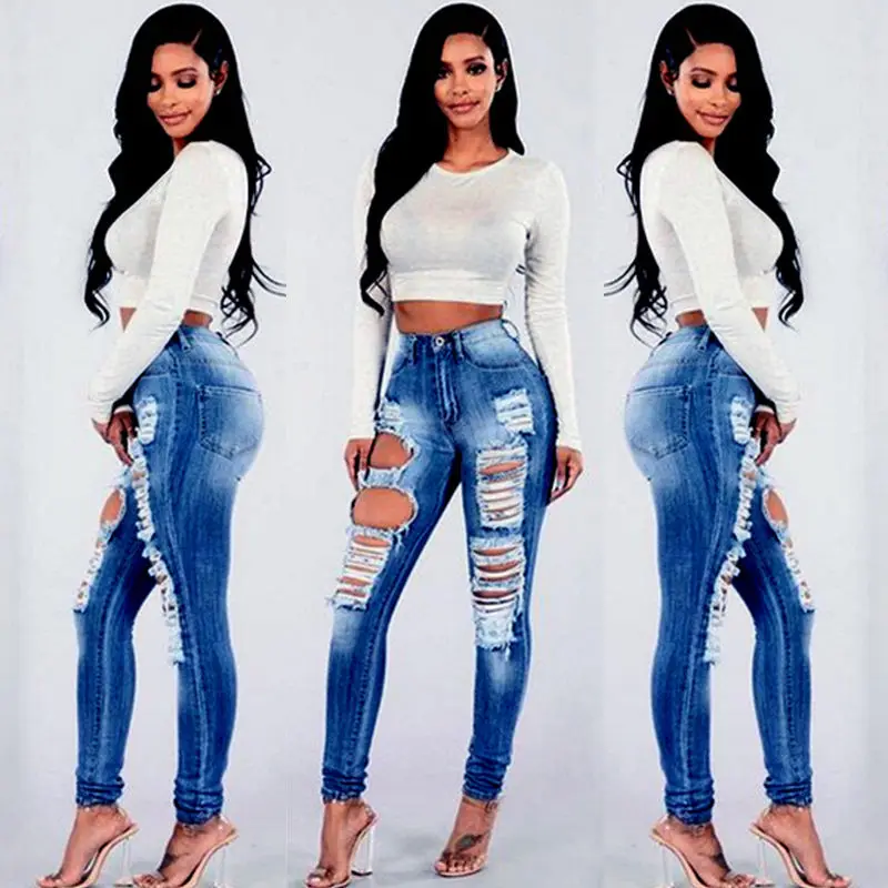

Women Denim Skinny Ripped Pants High Waist Stretch Hole Jeans Slim Trouser