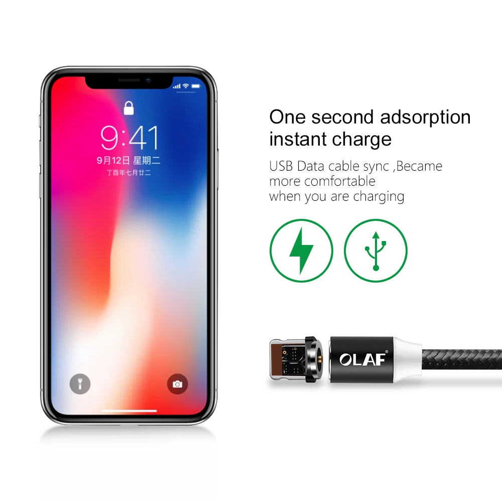 Магнитный зарядный кабель OLAF 1 м, кабель Micro USB для iPhone XR XS Max X, Магнитный зарядный кабель usb type C, светодиодный зарядный провод
