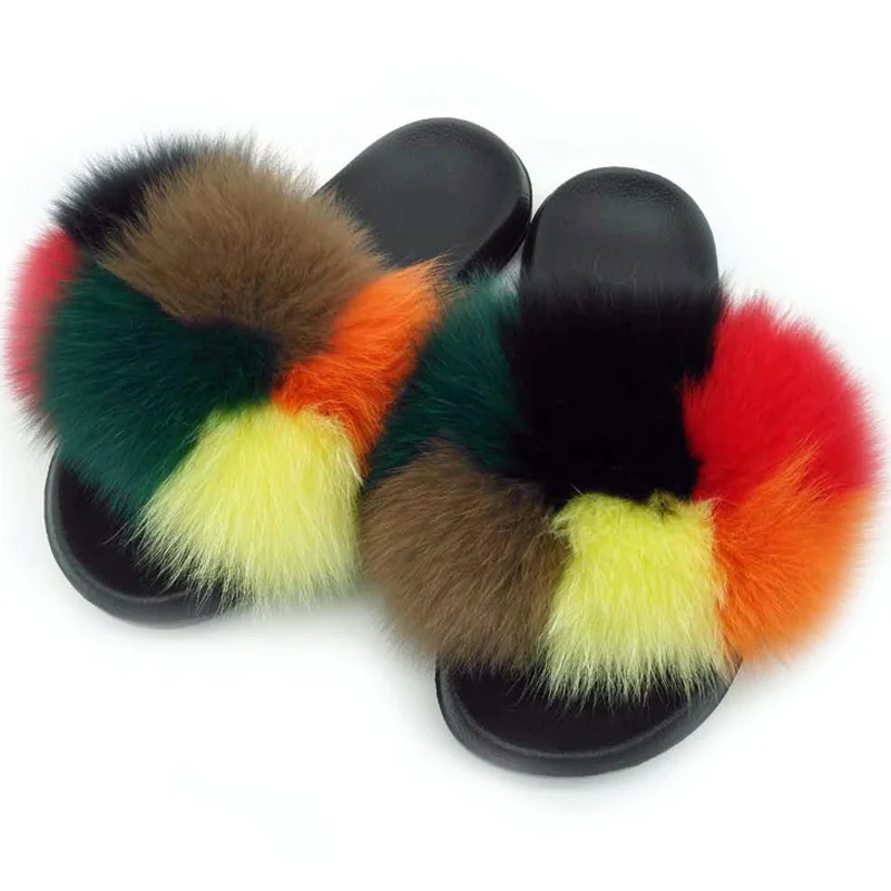 2019 New Summer Real Fox Fur Slides Women Non-slip Fluffy Fur Slippers Women Furry Slippers Ladies Cute Plush Fox Hair Slippers