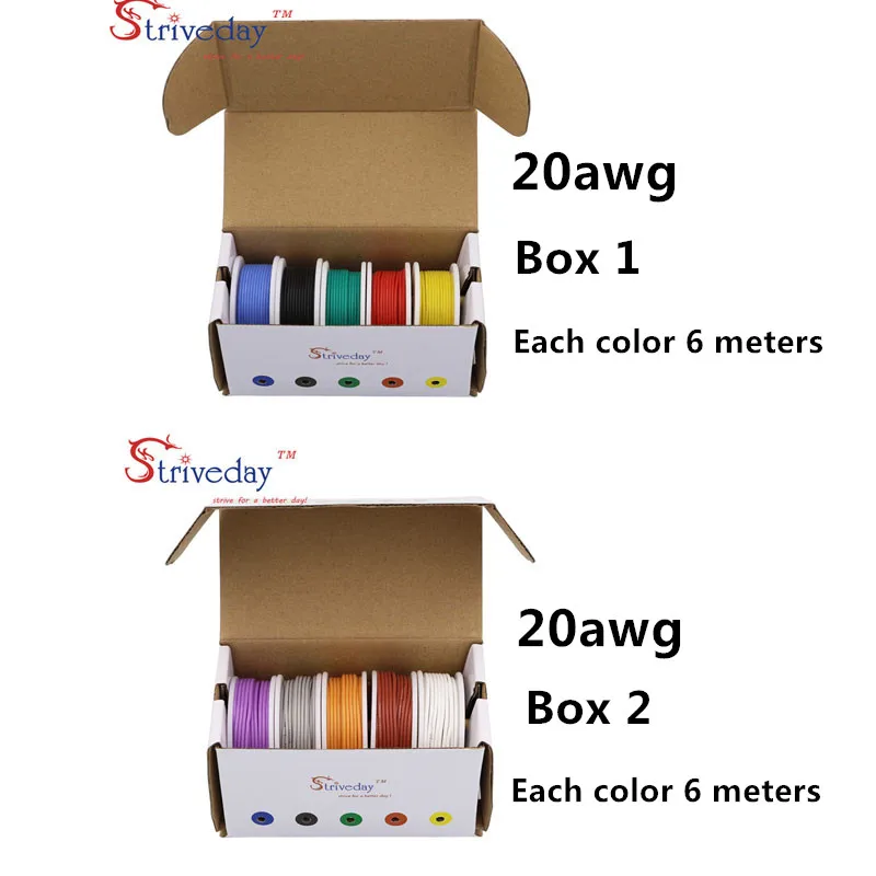 

60 m( 10 colors Mix box 1+box 2 Stranded Wire Kit) 20AWG Flexible Silicone Rubber Wire Tinned Copper line 19.68 feet each colors