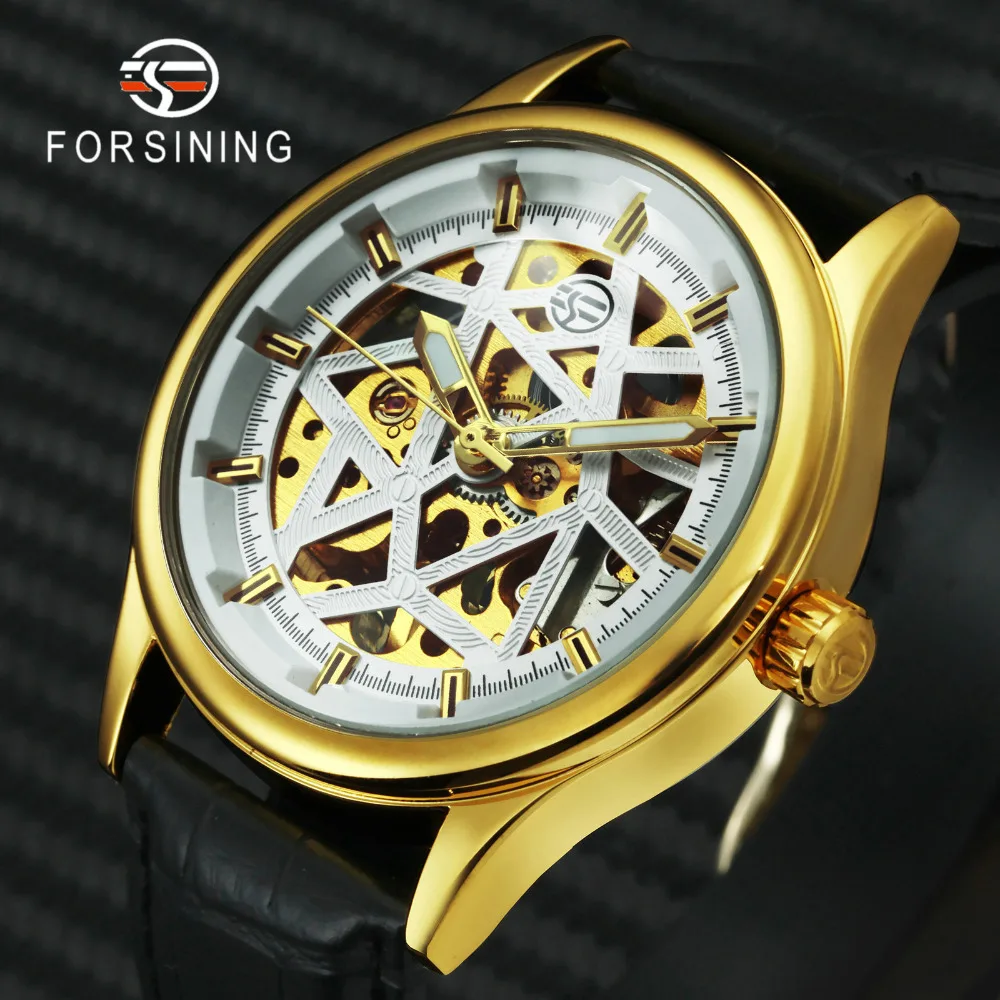 

FORSINING 2019 Vogue Business Mechanical Mens Watches Top Brand Luxury Black Leather Strap Golden Skeleton Gentleman Wristwatch