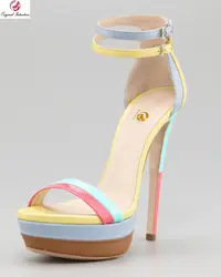 Оригинальные стильные разноцветные женские босоножки с пряжкой на ремешке с открытым носком, милые туфли на высоком тонком каблуке