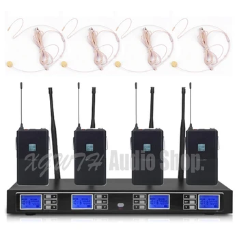 شراءالمهنية 4 قناة مكبر صوت لا سلكي ذو تردد فوق العالي نظام 4 سماعة هيئة التصنيع العسكري Bodypack 1 اللاسلكية شاشة الكريستال السائل استقبال ل كاريوكي DJ...