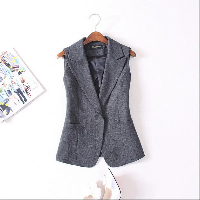 

Women Blazer Vest Fashion Slim Female Suit Waistcoat One Button Grey Autumn Winter Office Lady OL Thick Sleeveless Jacket A2886