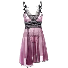 Sexy Women Summer Casual Lace Crochet Gauze A Line Nightgowns V Neck Strap Lingerie Purple S-6XL With G-String
