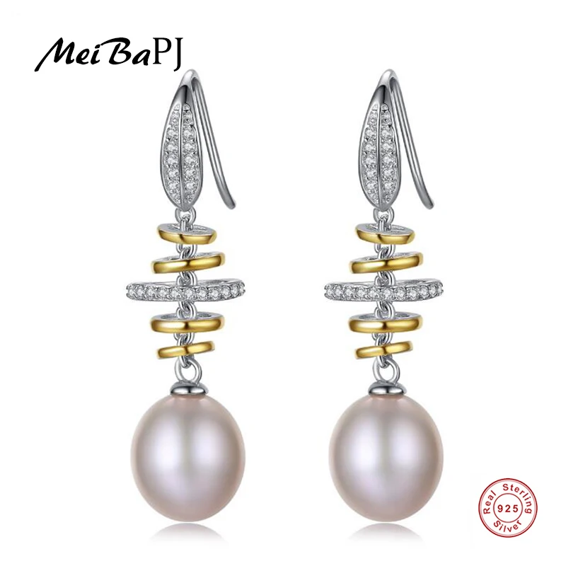 

[MeiBaPJ]Natural Freshwater Pearl Water Drop Earrings Real 925 Sterling Silver Fashion Earrings for Women SY
