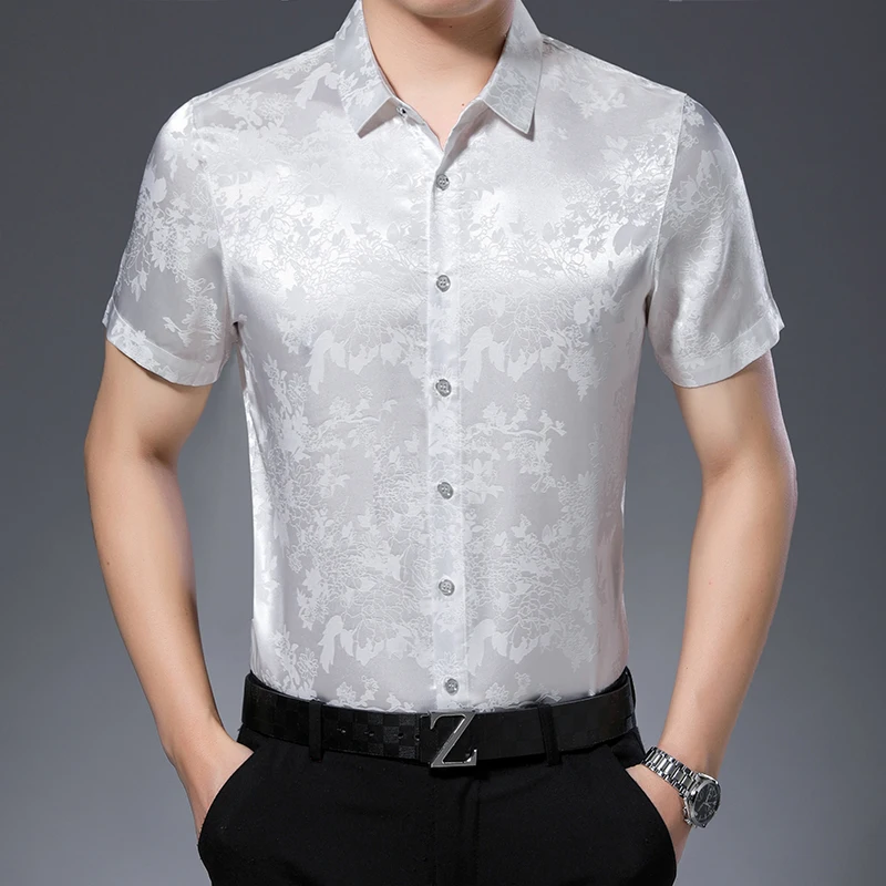 Высококачественная Мужская Летняя шелковая рубашка с цветочным принтом, элегантные мужские рубашки с коротким рукавом из мягкого шелка