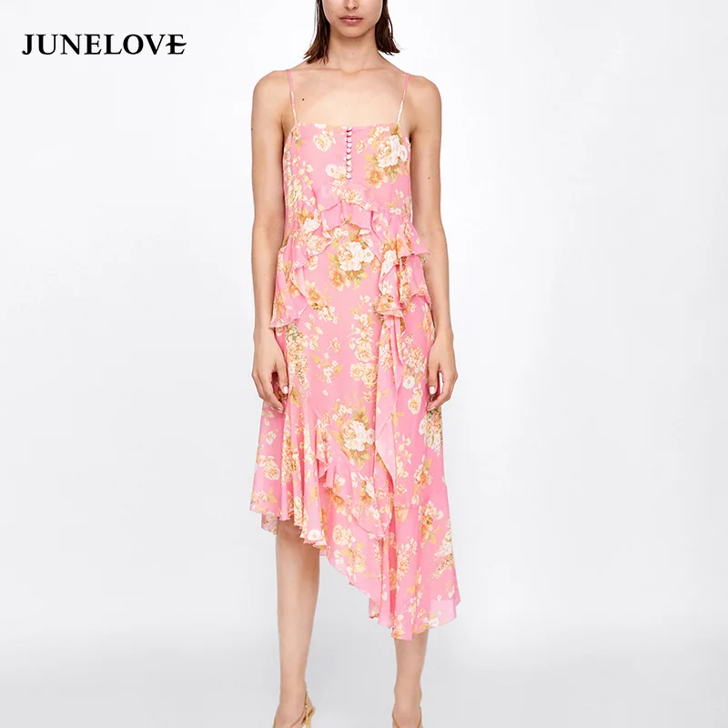 

JuneLove 2019 summer women asymmetrical floral print knee-length casual dress strapless buttons backless vestidos ladies dress