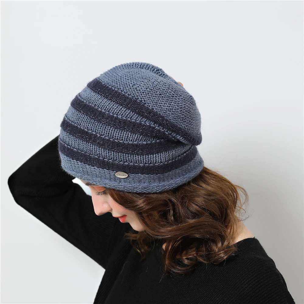 Beanies Women Winter Hat Headwear Knit Cap Wool Stripe Slouchy Warm Soft Plaid Casual Outdoor Ski Skullies Accessory (14)