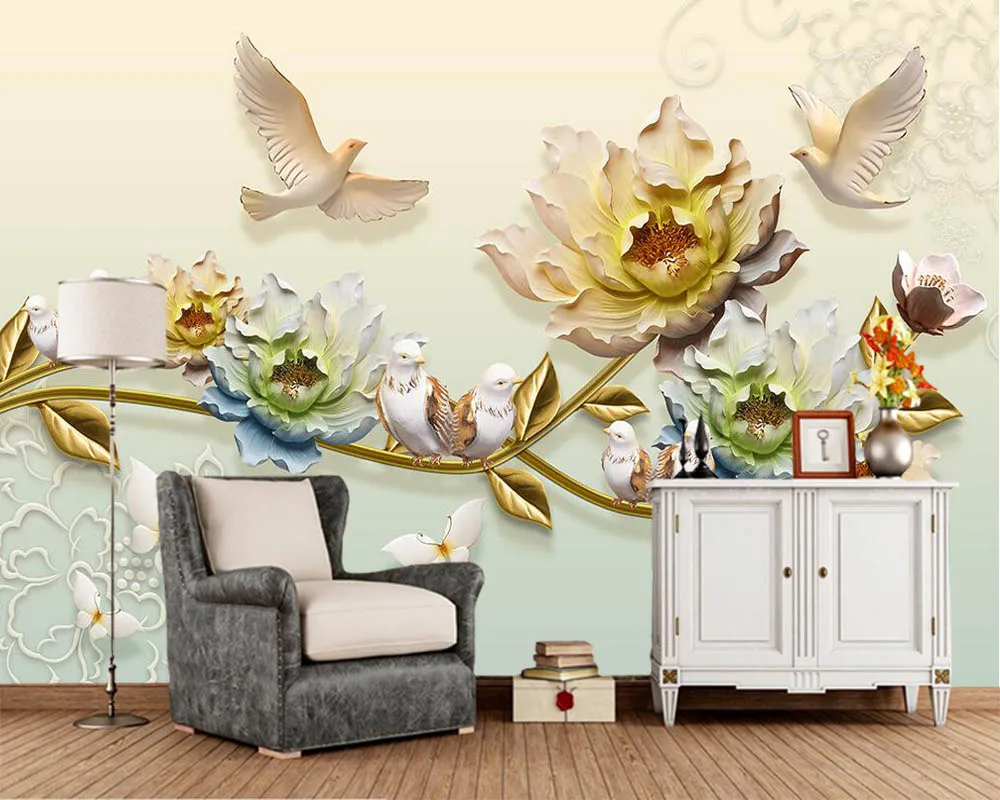 

Papel de parede embossed Chinese style flower bird jewelry 3d wallpaper mural for living room sofa TV wall bedroom kitchen cafe