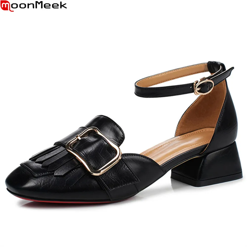 

MoonMeek2018 summer spring round toe with buckle female pumps high heels square heel shallow black brown colour casual shoes