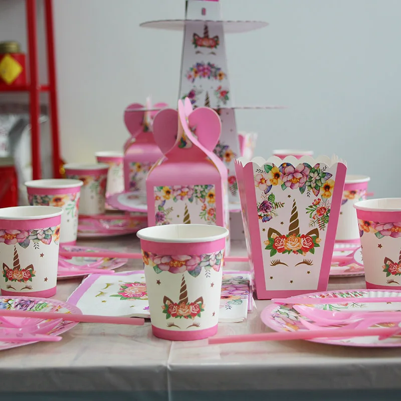 

Birthday Unicorn Party Tableware Kits Pink Paper Cups Plate Napkin Birthday Party Decoration Kids Baby Shower Party Supplies