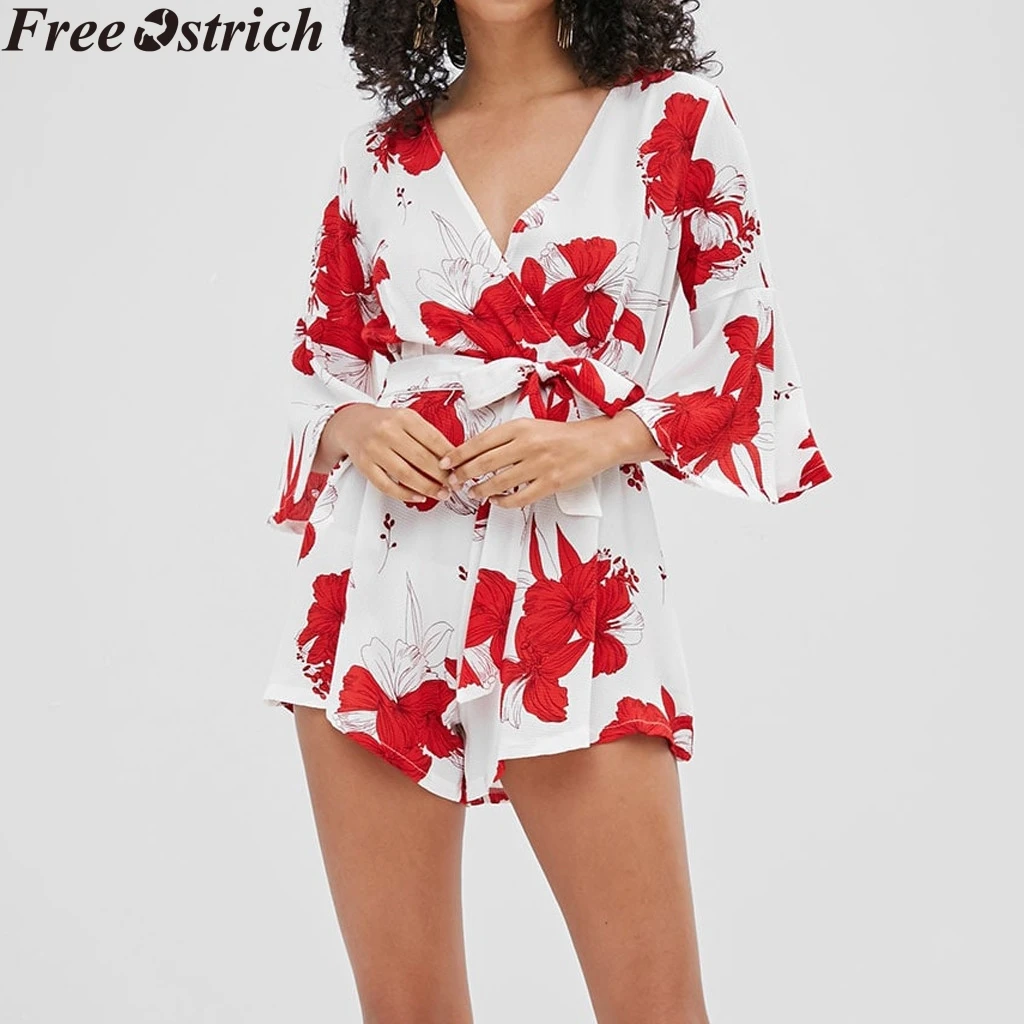 Women's Summer Belt Jumpsuit Short Sleeve Loose Flower Print High Waist Plus Size Ladies Casual V neck Rompers|Комбинезоны c