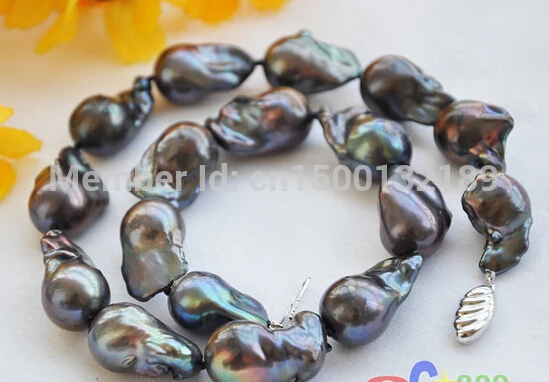 

j008 HUGE 17.5" BLACK BAROQUE KESHI REBORN PEARL NECKLACE 925Sc