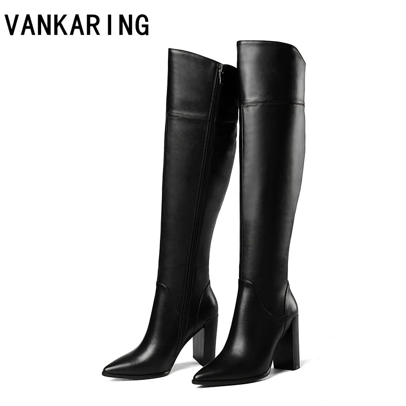 Tanie Buty markowe sexy wysokie obcasy jesienne zimowe buty do kolan kobieta szpiczasty nosek pasy ciepłe śniegowce skórzane buty kowbojskie damskie