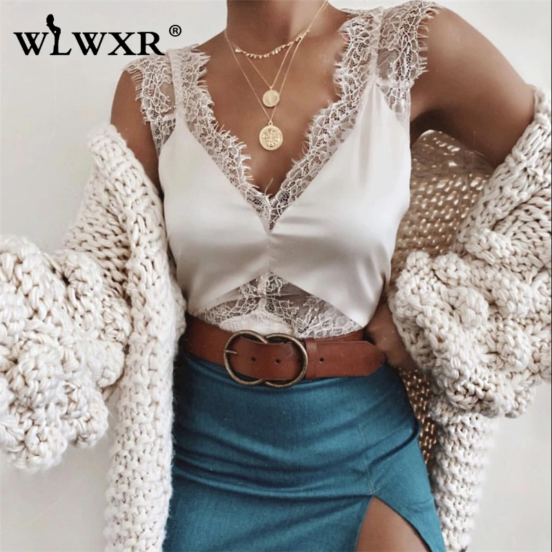 Белый WLWXR выдалбливают кружева Cami атласный Топ для женщин V шеи без рукавов черный красный женский сексуальный топ на бретелях Женский Летний жилет футболка женская - Цвет: Белый