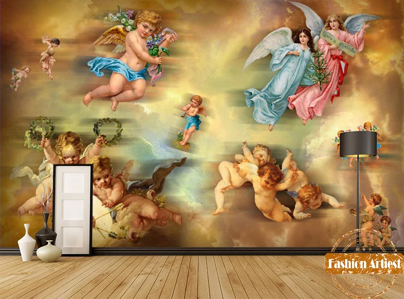 カスタムクラシック壁紙壁画ヴィンテージヨーロッパ天使の油絵の壁テレビ寝室リビングルームソファカフェバーレストラン Bar Restaurant Classic Wallpaperwallpaper Mural Aliexpress